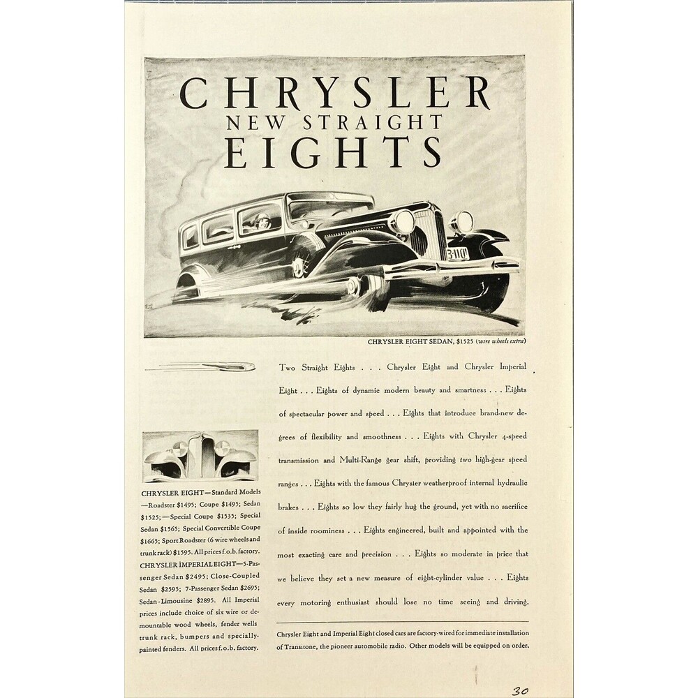 Chrysler Eight Sedan "Chrysler New Straight Eights" Vintage Print Ad 1930